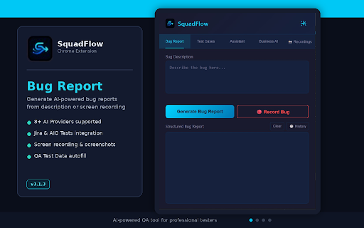 SquadFlow :: SquadFlow — Manual QA Companion. AI-powered Test Cases, Bug Reports & Smart Suggestions with 8+ AI providers. Jira integrated.