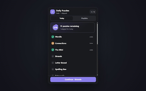 Daily Puzzle Launcher :: Move through your daily puzzles in one tab with a clean queue, skip controls, and custom playlists.