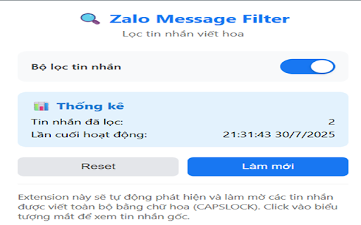 Zalo Message Filter :: Bộ lọc tin nhắn viết hoa cho Zalo Web - Tự động ẩn tin nhắn CAPSLOCK và hiển thị cảnh báo thân thiện