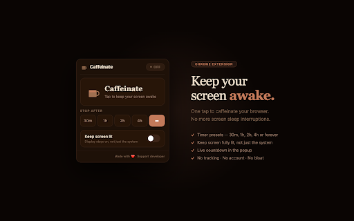 Caffeinate — Keep Screen Awake :: Keep your screen awake. Set a timer or run forever — one tap to start, one to stop.