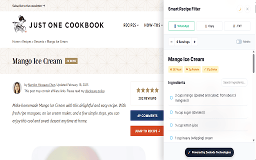 Smart Recipe Filter :: Instantly extract recipes into a premium interactive sidebar. Features Smart Timers, Focus Mode, and Calorie Counting.