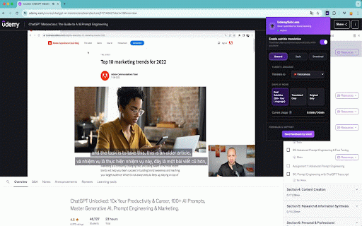 Subtitle Translator for Udemy :: Smart subtitles for faster learning on Udemy with translation, bilingual display, and audio playback.