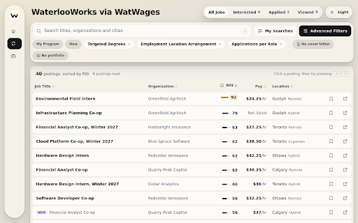 WatWages :: Puts the pay and applicants per opening for every WaterlooWorks posting on one sortable page. Not affiliated with UWaterloo.