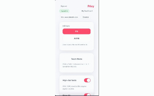 Privy :: Fill forms with your saved profile and documents. Enable trusted sites, optional AI-assisted fill with tokenized data.