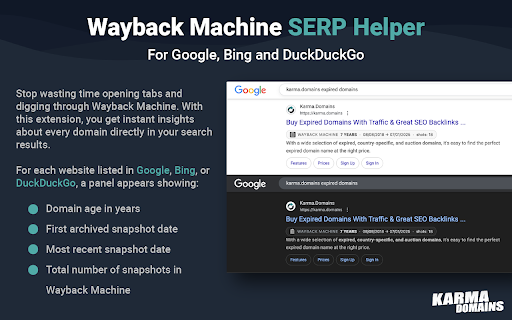 Domain Age Checker | Free SERP Helper (Google, DuckDuckGo, Bing) :: Domain Age Checker in SERP! Shows domain age, site age and Wayback stats directly in search results (Google, DuckDuckGo, Bing).