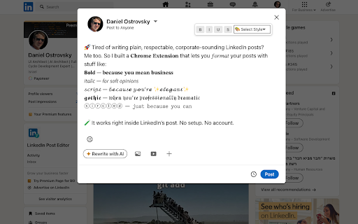 LinkedIn Post Formatter :: Add styling (bold, italic, script, etc.) to your LinkedIn posts with a simple toolbar and keyboard shortcuts.
