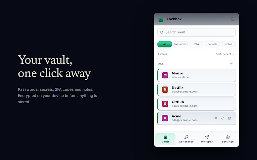 Lockbox - Password Vault :: Password manager with 2FA codes, secure notes, and self-destructing sharing. Optional end-to-end encrypted sync. No subscription.