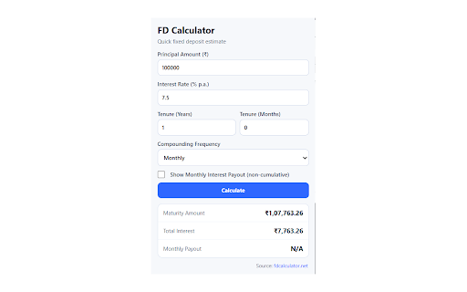 FD Calculator :: Calculate fixed deposit maturity amount, interest earned, and payout estimates.