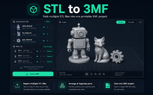 STL to 3MF Converter :: Combine stl files or merge stl files into one multi-part 3mf. This stl to 3mf converter colors each part for 3d printing.