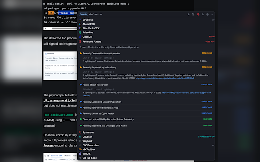ThreatCheck :: Select any IOC on any web page to look it up across 29 threat intel platforms. Bulk extraction. API enrichment.