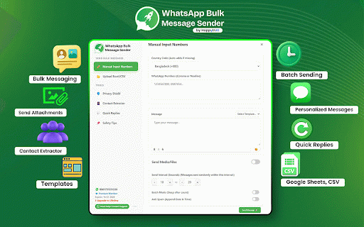 WhatsApp Bulk Sender – HappyInAI :: Send bulk WhatsApp messages from Google Sheets & CSV. Auto-reply bot, number validator, contact export & attachments.