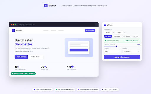 UISnap — Precise UI Screenshot Tool :: Capture pixel-perfect UI screenshots with exact dimensions, rounded corners, and Retina output. Export as PNG, JPEG, or WebP.