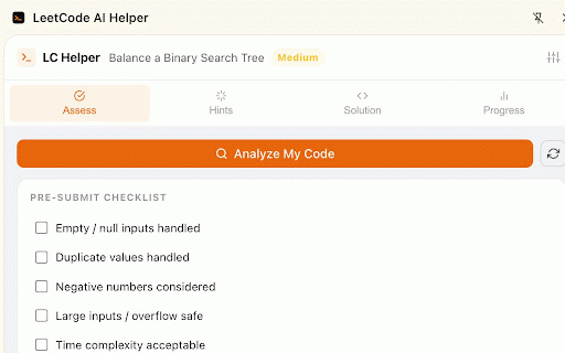 LeetCode AI Coach :: AI-powered LeetCode assistant: code assessment, progressive hints, optimal solutions, and personalized study recommendations.