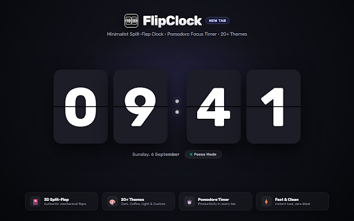 FlipClock :: Minimalist split-flap flip clock, Pomodoro focus timer, and world clock in every new tab