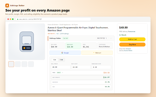 Arbitrage Stalker :: One-click AI buy verdicts on any Amazon product page, profit calc + SatScore saturation analysis, and stalk any storefront.