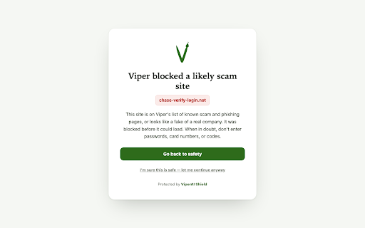 ViperAI Shield — Browser Guard :: Blocks scam and phishing sites before they load — and can turn off AI apps for the kids. From ViperAI Shield.