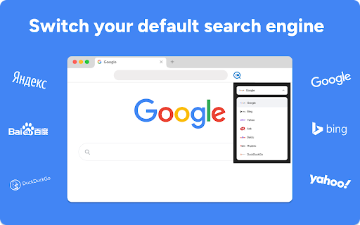 Change Default Search :: Switch your Chrome default search engine to Google, Bing, Yandex, DuckDuckGo, or Yahoo in one click.