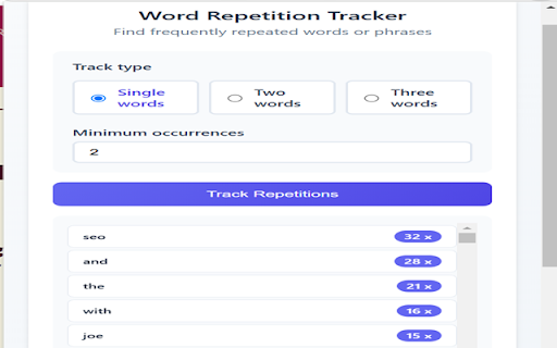 Word Repetition Tracker :: Tracks and displays repeated words on webpages