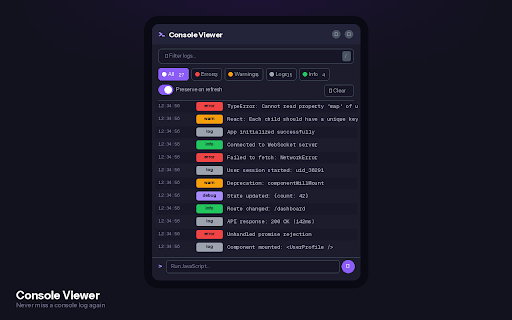 Console Viewer :: Never miss a console log again. Record, search, and filter console output even when DevTools is closed.