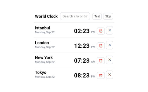 GTB – World Clock (Alarms + Sound, 12h setup) :: Apple World Clock UI with IANA autocomplete, per-timezone alarms, AM/PM display, Test/Stop, and 12h alarm setup.