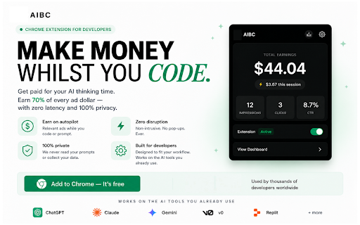 ads by aibc - earn whilst you browse :: AIBC side panel — sign in to view earnings, request payouts, and open your developer dashboard at aibcmedia.com.
