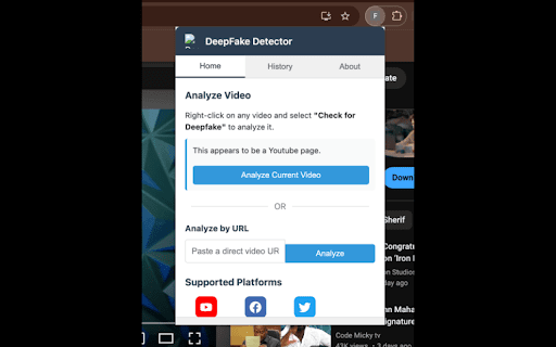 Deepfake Detector :: Detect deepfake videos across the web. Right-click any video to analyze it for manipulation.