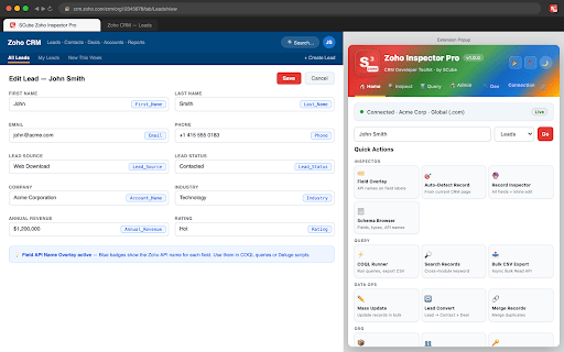SCube Zoho Inspector Pro :: The developer toolkit for Zoho CRM. Inspect fields, run COQL queries, browse schema, and manage records — all without leaving Zoho.