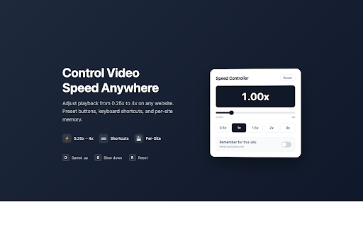 Video Speed Controller - Playback Speed :: Control playback speed of any HTML5 video. Speed up or slow down on any website. Keyboard shortcuts and per-site memory.