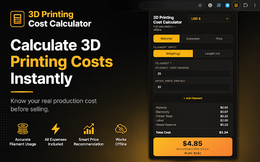 3D Print Cost Calculator — Pricing :: Full 3D print pricing: filament, electricity, wear, failures, multi-spool, markup. 18 currencies. 100% offline.