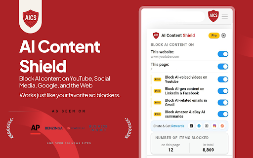 AI Content Shield - AI Detector & Content Blocker :: AI Detector & AI Content Blocker - AI Content Shield: Block AI videos, posts, articles on YouTube, Social Media, Google, and Web.