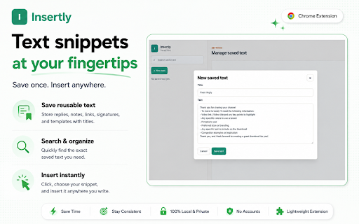Insertly :: Save, search, copy, and insert reusable text anywhere.