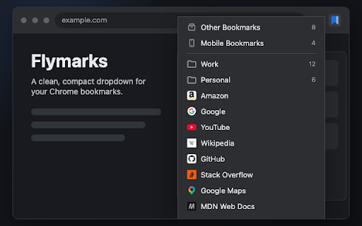 Flymarks :: Fast Chrome bookmarks popup with context actions and drag reorder.