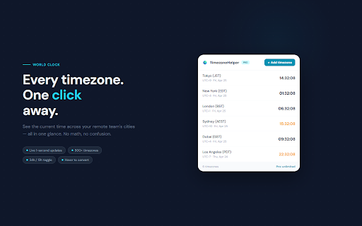 TimezoneHelper — World Clock for Remote Teams :: Display multiple time zones as a live clock popup. Add custom cities, convert meeting times... | Not affiliated with Anthropic, PBC.