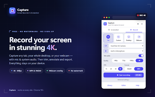 Capture Free Screen Recorder & Screenshot (4K, No Watermark) :: Record your screen in 4K and capture full-page screenshots — free, no watermark, no sign-up. Tab, desktop & webcam recording.