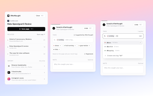 Afterthought :: Afterthought reads every link you stash — then surfaces them when they're useful. Your saves folder, but it actually does something.