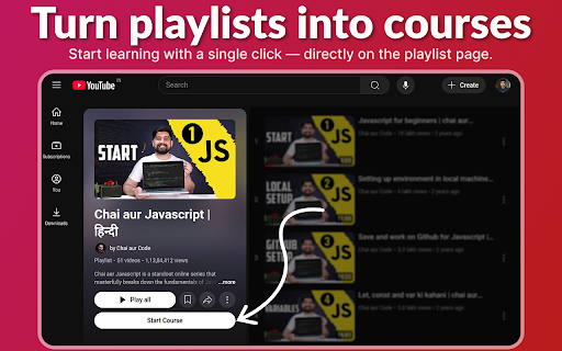 TrackMyCourse: YouTube Playlist Progress Tracker :: Turn YouTube playlists into courses. Track with checkmarks, progress bar, total and watched duration, and completion percentage.