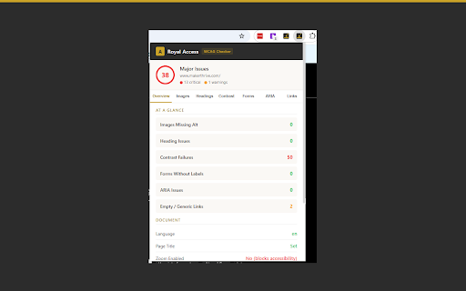 Royal Access Accessibility Checker :: Instant WCAG accessibility audit. Alt text, contrast, headings, ARIA, keyboard navigation, and more. Free, no account needed.