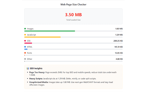 Web Page Size Checker :: Instantly checks any webpage’s size, breaks down payloads intelligently, and provides tailored SEO recommendations.