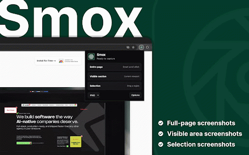 Take Fullpage Screenshots - Smox :: Capture full pages, visible areas, selections, and batches of URLs. Annotate, edit, and export as PNG, JPG, or PDF.