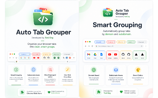 Auto Tab Grouper :: Automatically organizes browser tabs into clean, manageable groups using local tab information and user settings.