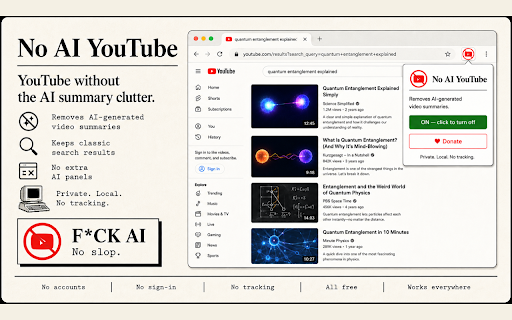 No AI YouTube :: Hides YouTube's AI features. Unofficial, not affiliated with YouTube. Local only.