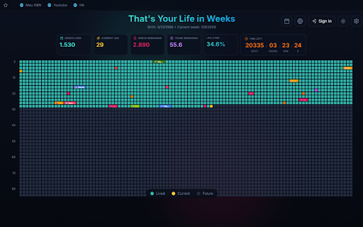 That's My Life in Weeks :: A visual representation of your life in weeks. Track your journey and create custom events to mark your most important milestones.