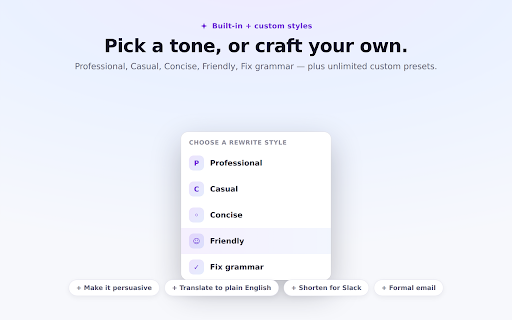 Retone :: Rewrite selected text in a configured tone/style using on-device AI.
