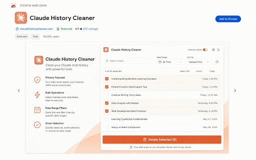 Claude History Cleaner — Bulk Delete Chats :: Bulk delete Claude.ai history in seconds. Select all, filter by date, search by keyword, clear Claude conversations with one click.