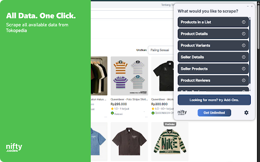 T-Indo Scraper: Export Products, Reviews, Sellers & More :: Tokopedia Scraper: Scrape product details, variants & seller profiles. Export to CSV, JSON, XLSX with ease.
