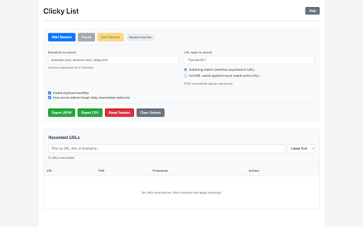 Clicky List :: Keep a concise list of URLs browsed in a session for export and analysis