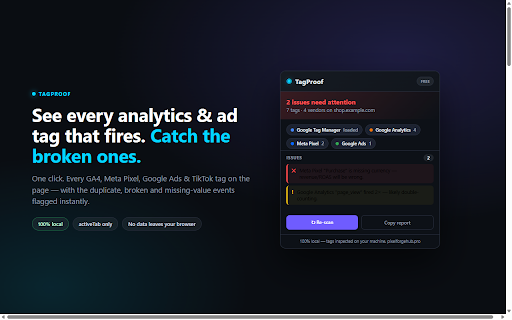 TagProof — Analytics & Pixel QA Inspector :: See every analytics & ad tag that fires on a page. Catch duplicate, broken & missing conversion events — 100% local.