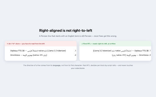 Parsi RTL :: Correct text direction and Persian font for RTL languages on any site — script-ratio detection, not first-strong guessing.