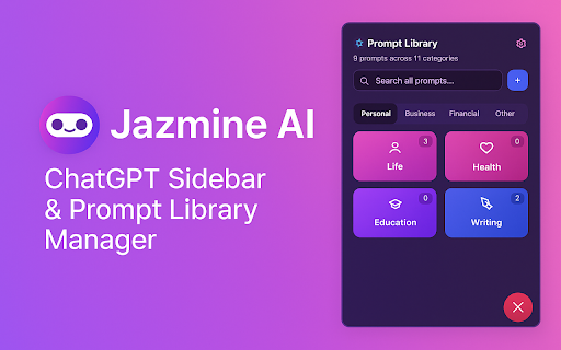 Jazmine AI – ChatGPT Sidebar with Prompt Library Manager :: Save, organize, and reuse your favorite AI prompts in a smart ChatGPT sidebar. Boost your productivity with Jazmine AI.