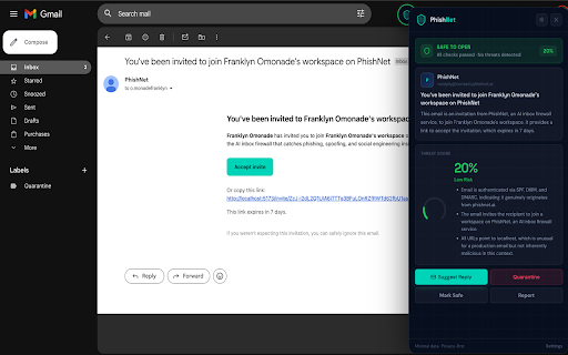 PhishNet :: AI-powered phishing protection and smart inbox assistant for Gmail. Scans for threats, summarizes emails, and suggests replies.